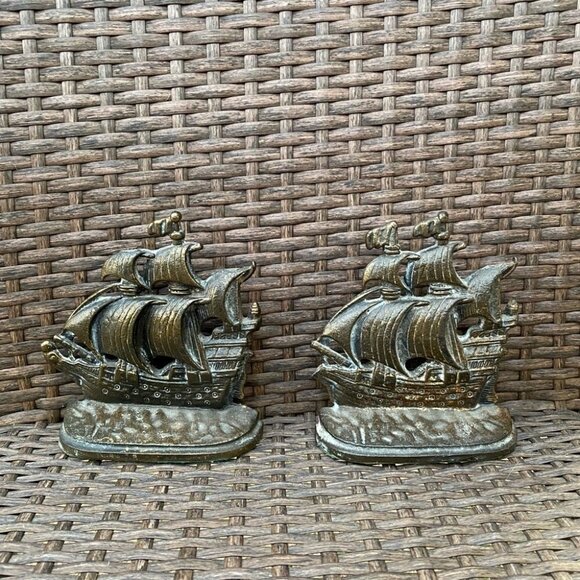 BRASS Sailing Ship Bookends Set of 2 Vintage MCM - Picture 2 of 7